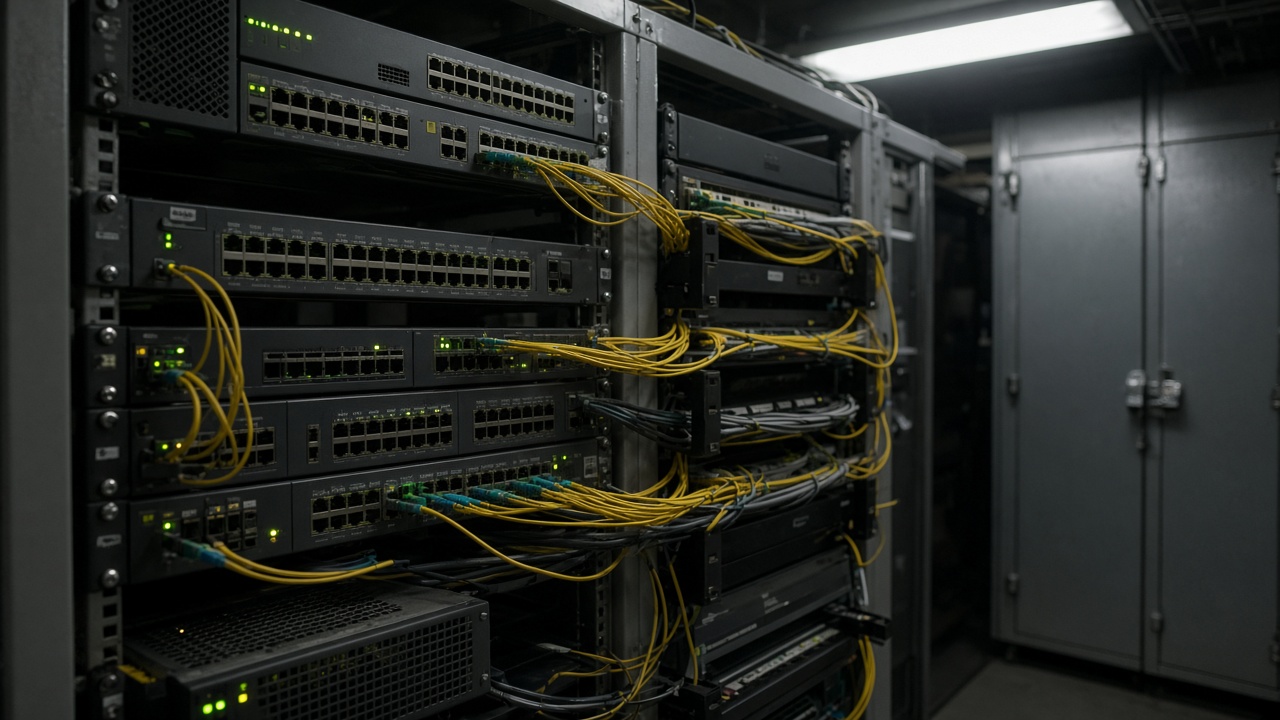 Rack-mounted network appliances and blinking status LEDs in a dim federal data closet, yellow fiber and gray metal doors, fluorescent ceiling light, no logos or readable text