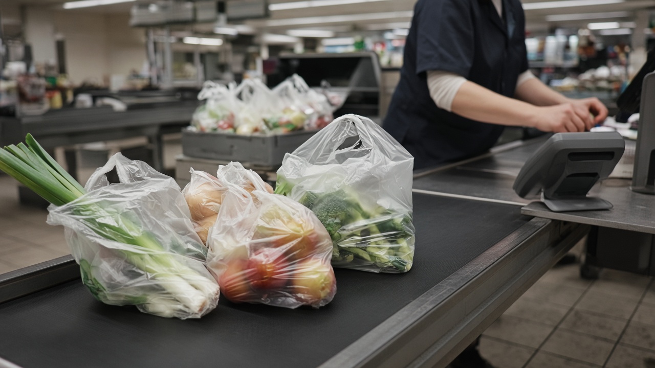 Supermarket checkout with conveyor belt of produce bags, payment terminal facing away, fluorescent light on scuffed tile, no logos or readable text