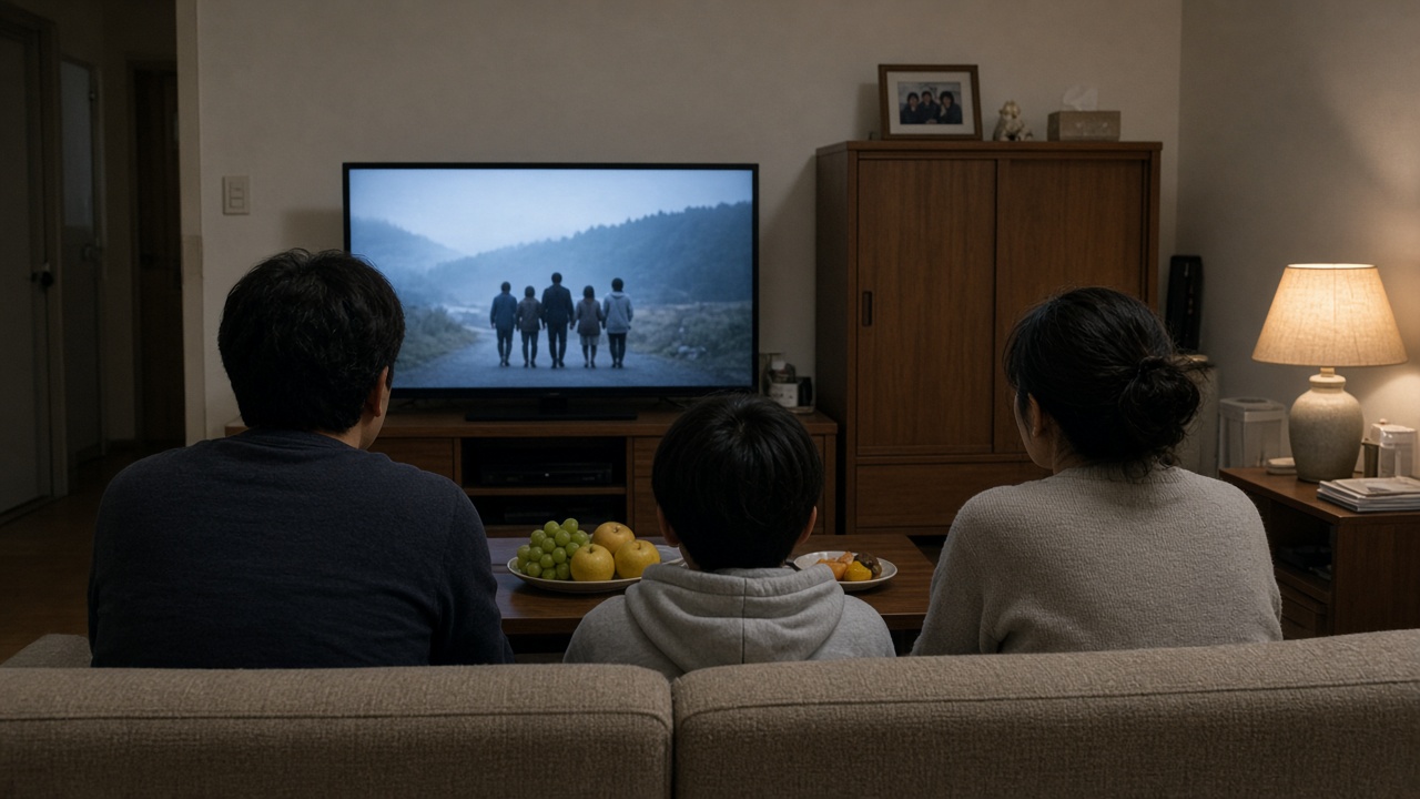 Korean living room with family watching large TV, soft evening lamp light, coffee table with fruit, faces turned away from camera, no logos or readable text