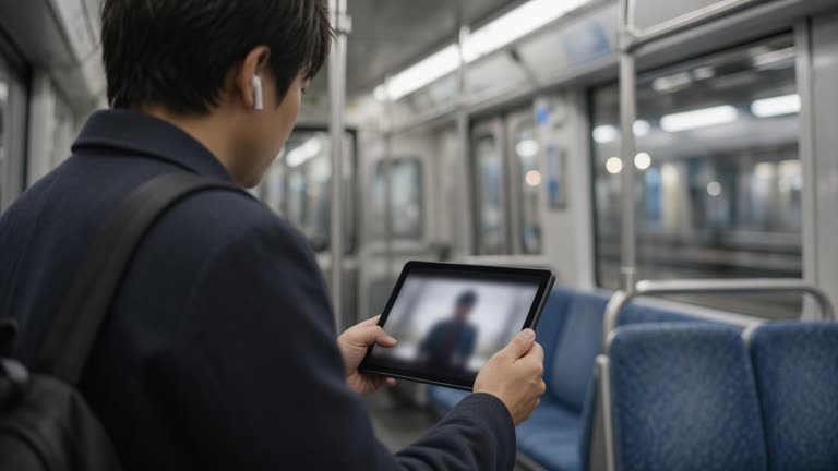 Commuter on a subway holding a tablet showing a blurred video frame, earbuds in, fluorescent train interior, no logos or readable text