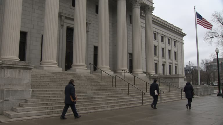 Federal courthouse columns and stone steps in Washington on a cloudy afternoon, pedestrians with document folders, American flag on pole without readable signage, no logos or readable text