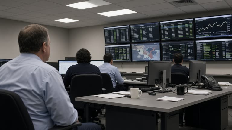Industrial office with traders facing wall-mounted monitors showing coal auction tables, harsh ceiling fluorescents, coffee cups on laminate desks, no logos or readable text