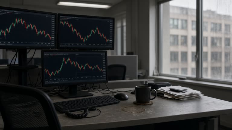 Dim retail trading desk with multiple monitors showing blurred candlestick charts, coffee cup ring on laminate, tangled keyboard cable, window glare, no logos or readable text