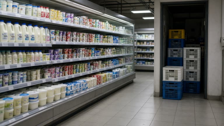 Supermarket dairy aisle with refrigerated cases of milk and yogurt, cool white lighting on polished floor tiles, stacked milk crates in a stockroom doorway, blurred packaging with no readable text or logos