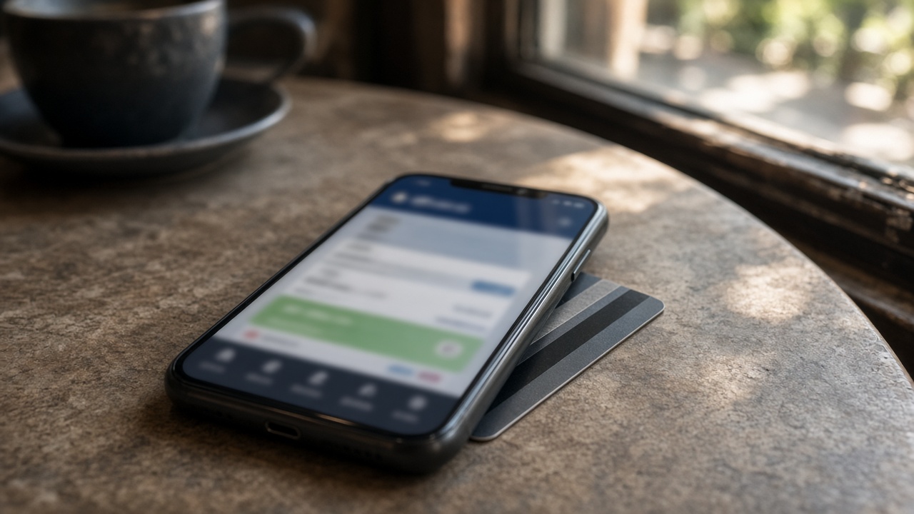 Smartphone on a cafe table showing a mobile banking payment screen with blurred interface, Mastercard card edge visible, afternoon window light, no readable text or logos