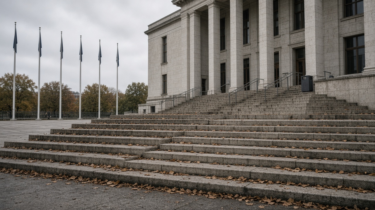 Government office plaza with limestone steps, flagpoles without readable flags, scattered autumn leaves, overcast sky, no logos or readable text