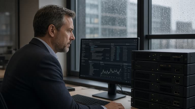A photoreal late-afternoon scene in a City of London office, a technology services manager reviewing an upward share-price chart on a monitor beside a stack of server hardware, rain on the window, no logos or readable text.