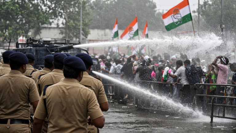A wide photoreal scene outside a government building in New Delhi: police in riot gear stand behind water cannons while Congress supporters sit on the road with raised hands, no logos or readable text.