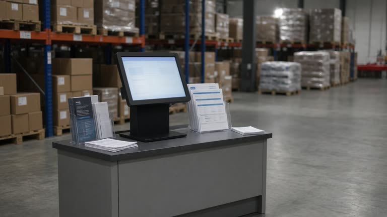 Warehouse store membership desk area with a freestanding touchscreen kiosk and printed benefit brochures, concrete floor and pallet racks blurred in background, screen glow without readable text, no logos