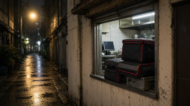 Small restaurant service window on a narrow Seoul alley with stacked delivery thermal bags and a blurred tablet screen facing inward, sodium streetlight and wet pavement, no logos or readable text.