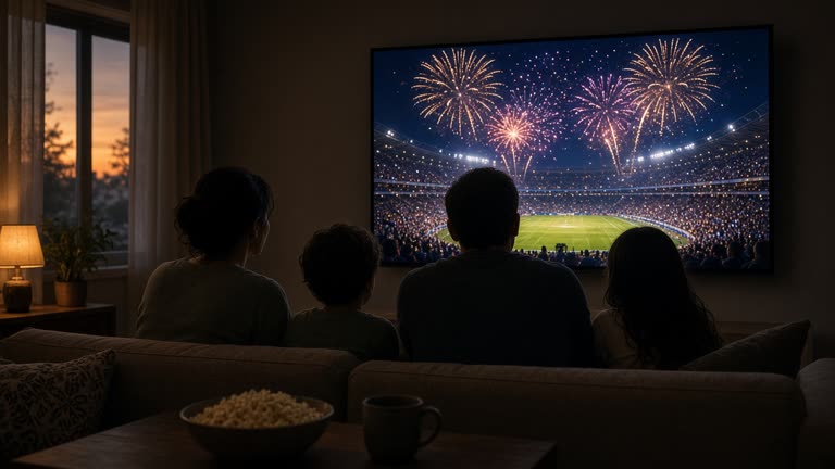 Living room television showing a stadium fireworks scene with family silhouettes on a sofa, warm indoor evening light, no logos or readable text