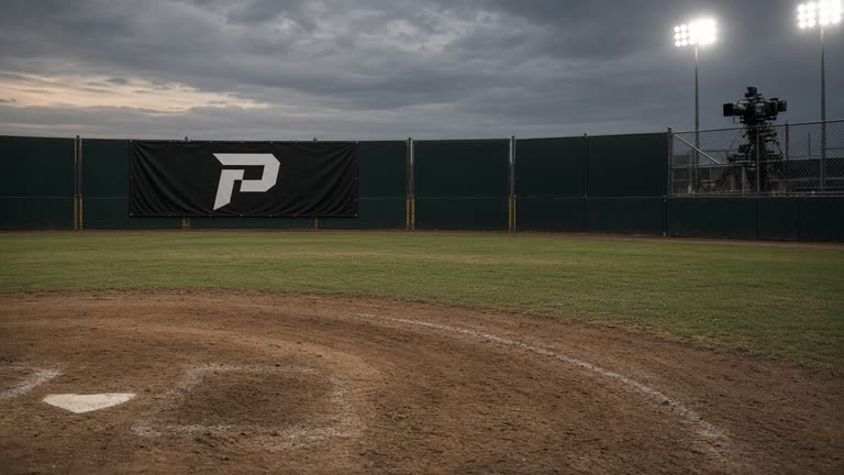 Empty professional baseball infield at dusk with a wild-card playoff banner on the outfield fence and a television camera on a sideline platform under stadium floodlights, worn dirt and scuffed base paths, no logos or readable text