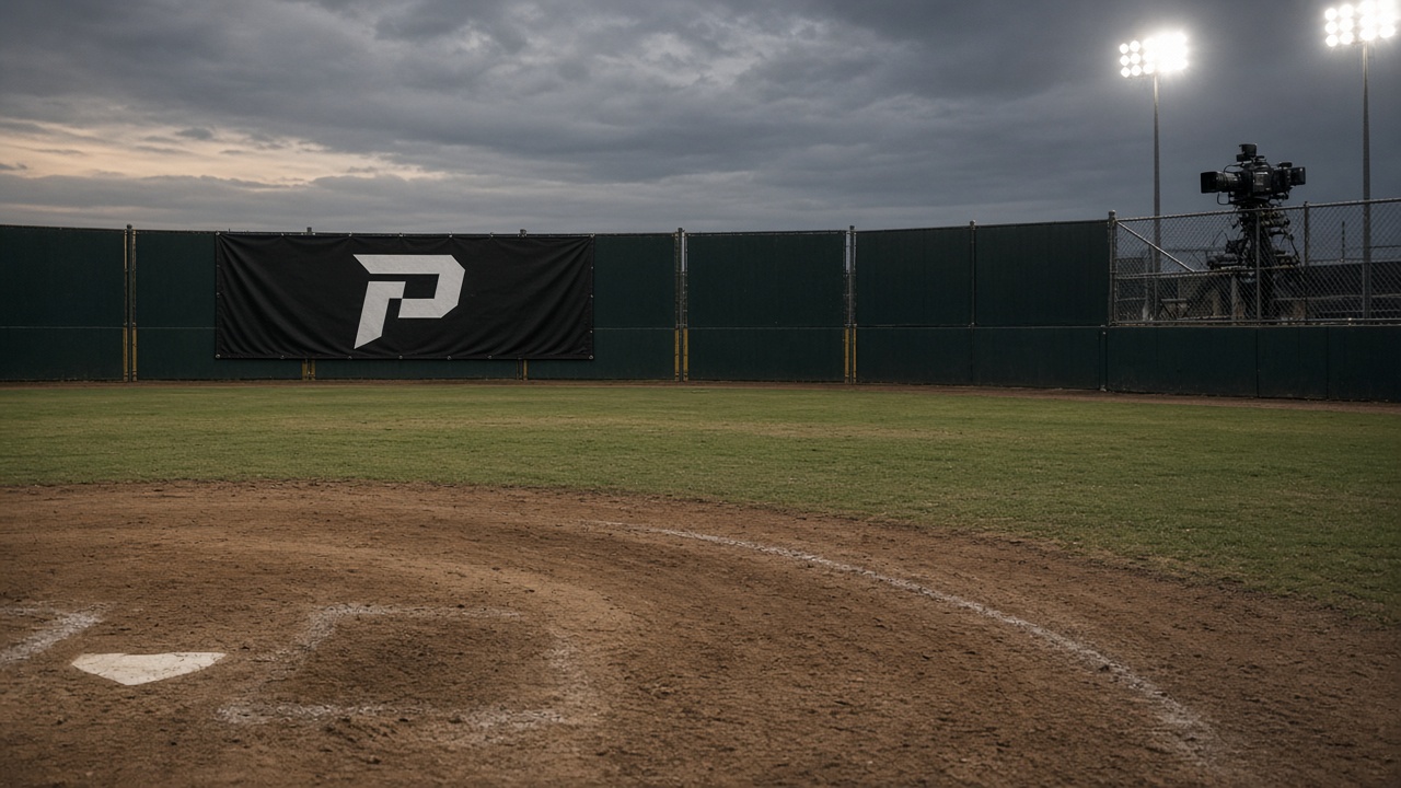 Empty professional baseball infield at dusk with a wild-card playoff banner on the outfield fence and a television camera on a sideline platform under stadium floodlights, worn dirt and scuffed base paths, no logos or readable text