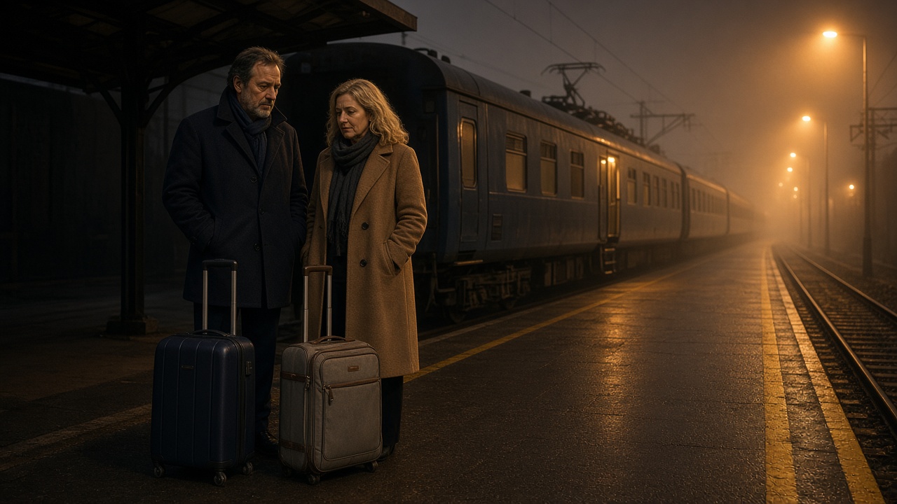 Couple waiting on Edinburgh Waverley platform beside rolling overnight train luggage, sodium platform lights and misty evening air, no logos or readable text