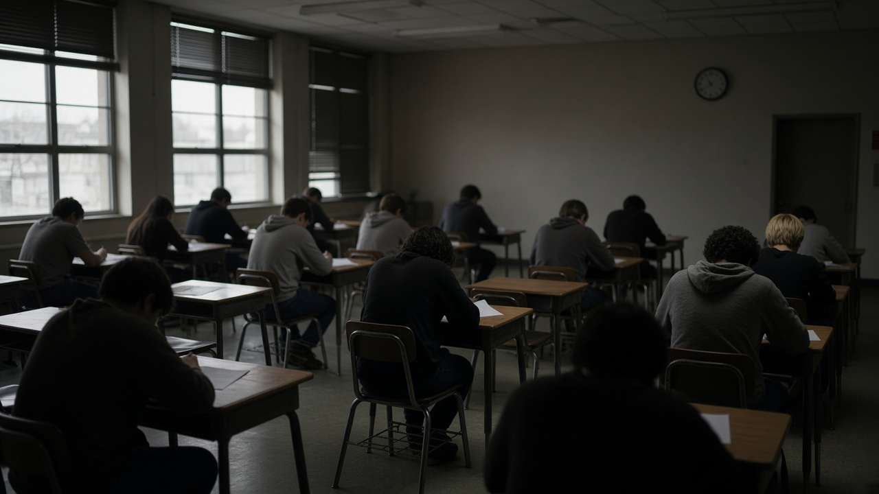 High school exam hall with rows of individual desks, shaded windows, students silhouettes bent over papers, wall clock blurred, no logos or readable text