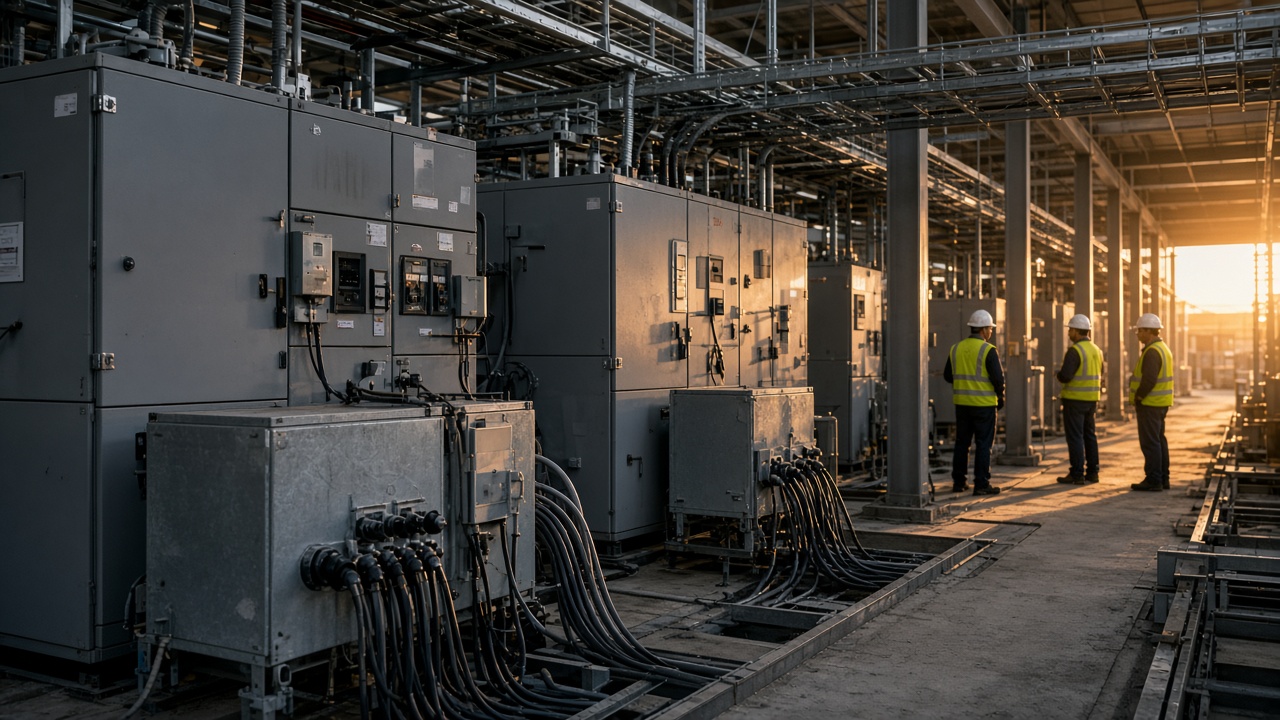 Photoreal wide shot of an industrial electrical switchgear room at an LNG construction site on the US Gulf Coast, prefabricated power-distribution modules and cable trays in the foreground, engineers in hard hats and high-visibility vests inspecting equipment, warm late-afternoon light, no logos or readable text.
