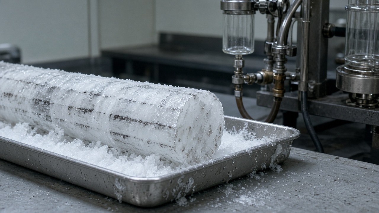 Segment of Antarctic ice core on a lab bench beside extraction equipment under cool fluorescent light, frost on metal tray, no readable text or logos
