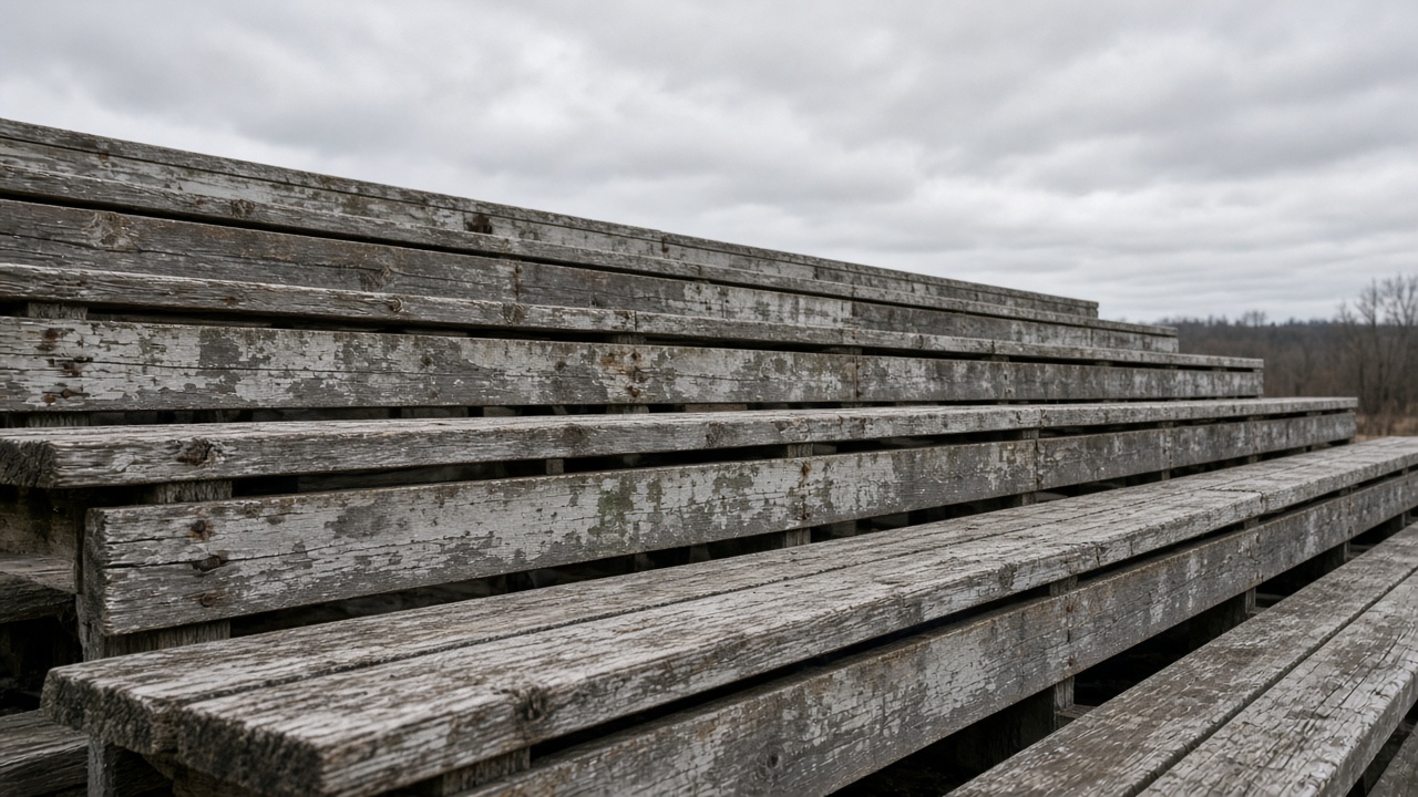 Empty weathered wooden bleacher row, gray overcast sky, no people, no logos, no readable text