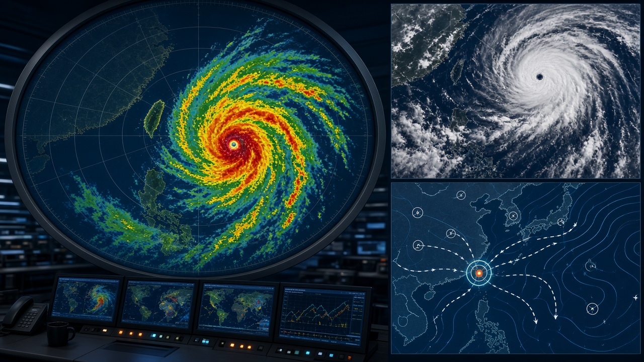 Meteorologists monitoring typhoon spiral radar and satellite imagery at a weather operations center