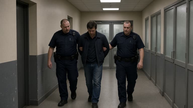 Neutral police station corridor with frosted glass doors, two officers in uniform escorting a handcuffed man in plain clothes, fluorescent ceiling panels, no visible badges or readable signage