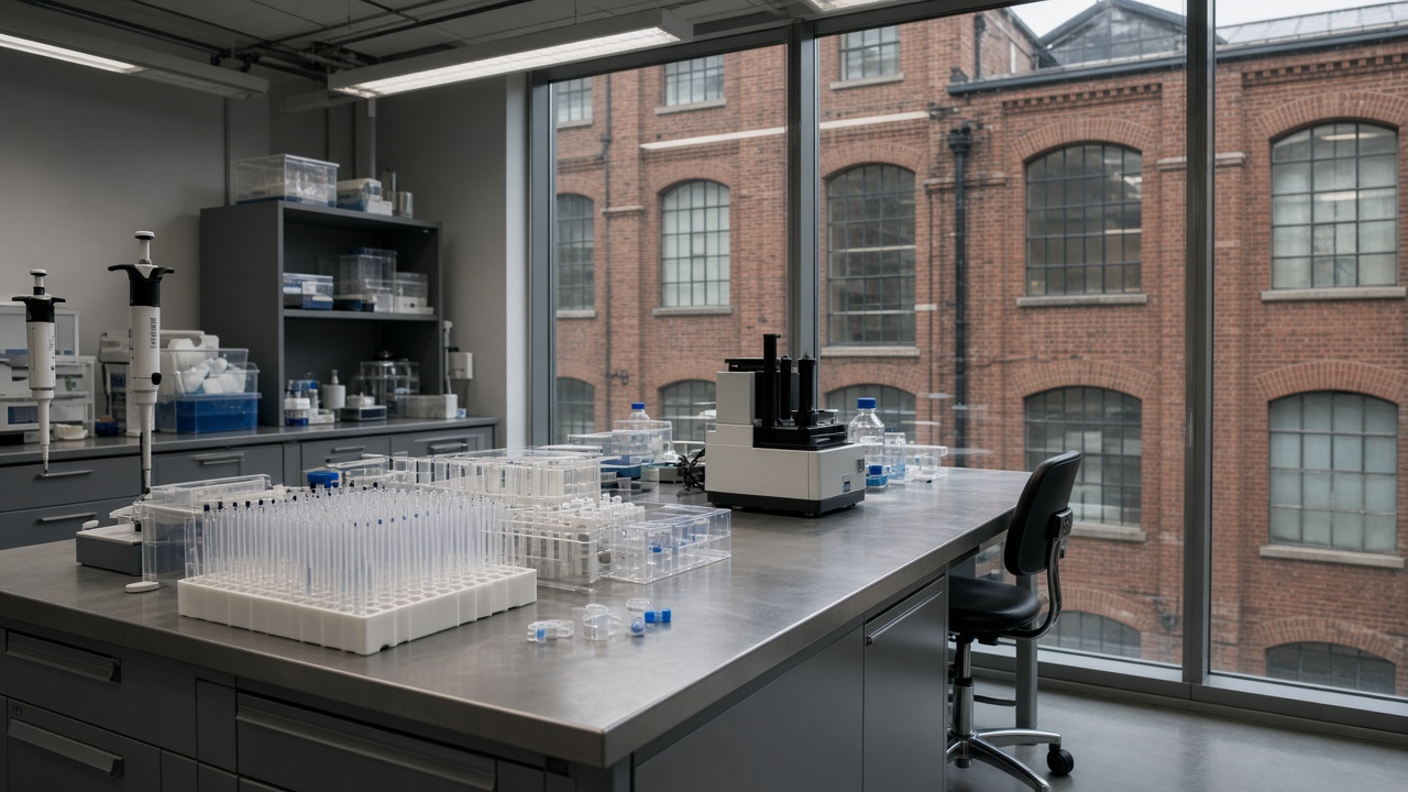 Modern London research lab with stainless bench, pipette racks and a glass wall toward brick King's Cross warehouse architecture, cool fluorescent and window daylight mix, no logos or readable text on screens