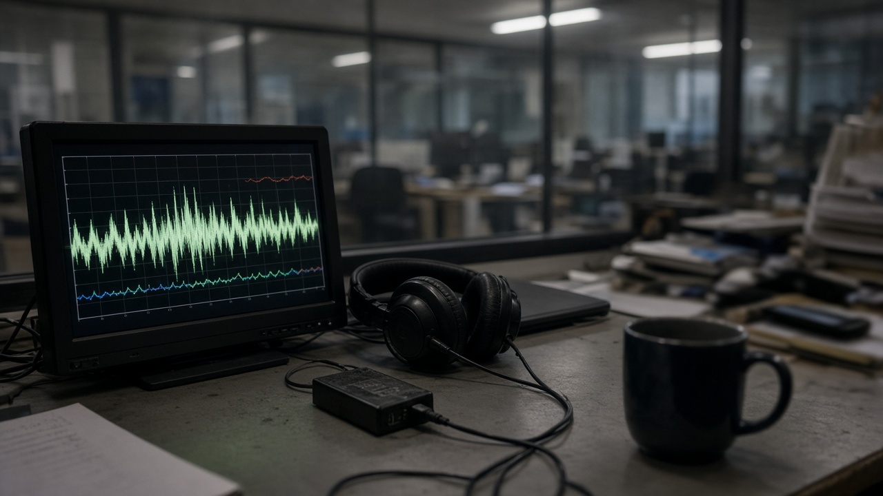Broadcast waveform monitor and headphones on a cluttered UK newsroom desk, muted ceiling fluorescents, blurred glass partition and coffee mug, screen glow without readable text, no logos.