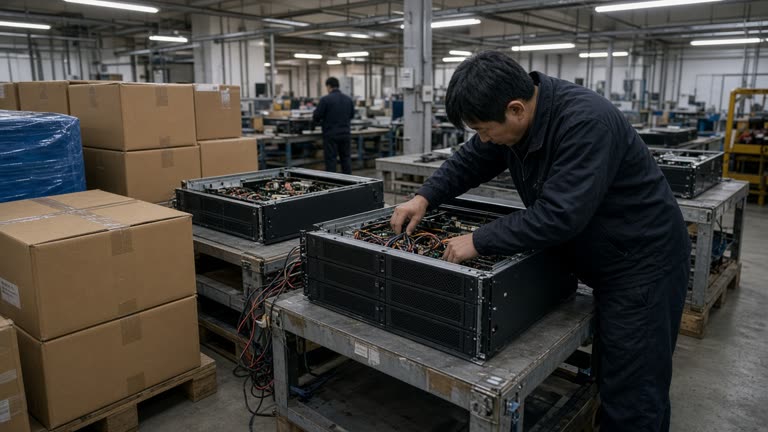 Technicians assembling redundant power supply shelves for server racks on a factory floor in northern Taiwan, cardboard pallets and cable harnesses, cool fluorescent light, no logos or readable text