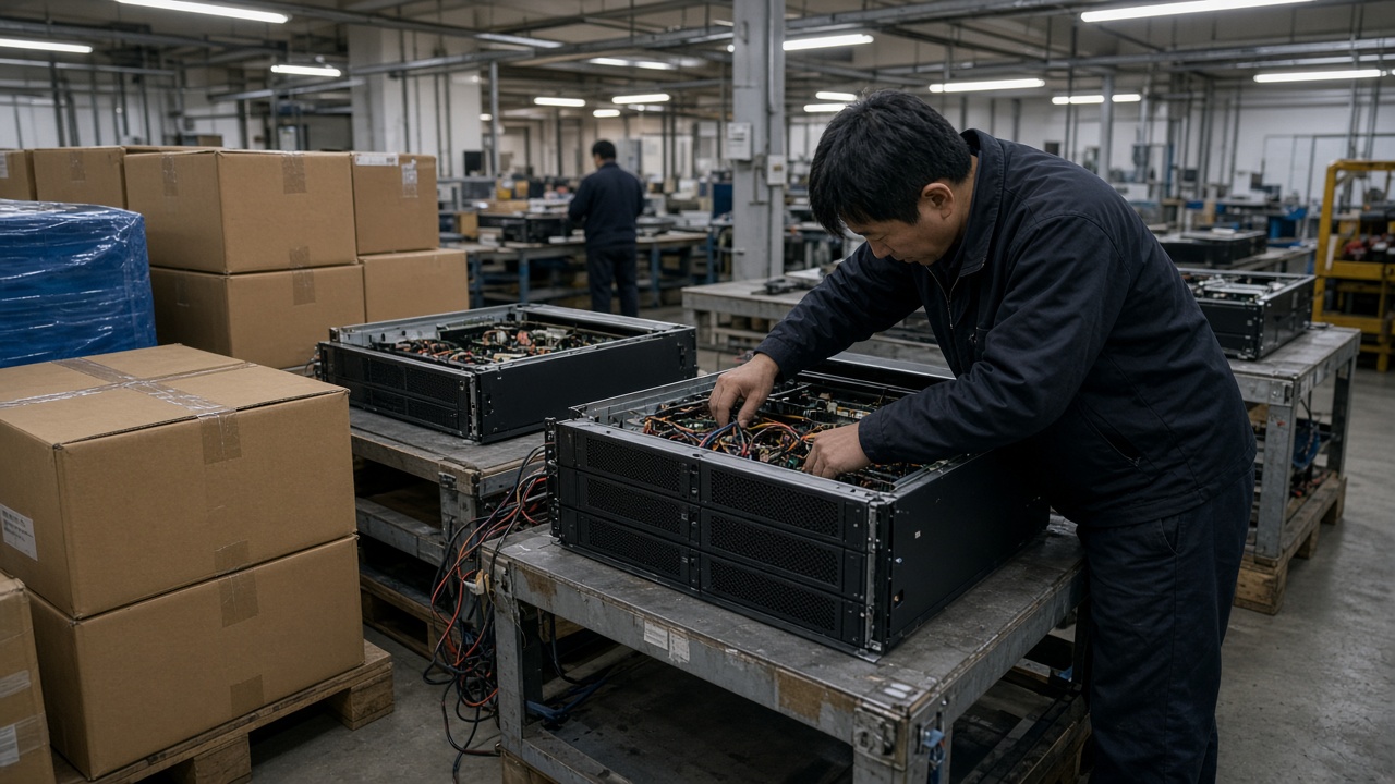 Technicians assembling redundant power supply shelves for server racks on a factory floor in northern Taiwan, cardboard pallets and cable harnesses, cool fluorescent light, no logos or readable text