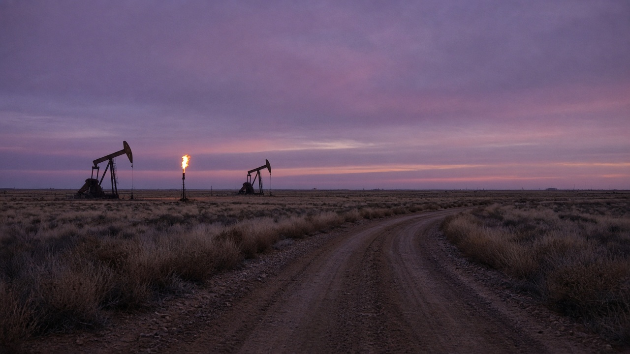 Low flare stack and pump jacks across flat West Texas scrubland at dusk, orange flame against purple sky, dirt service road, no logos or readable text