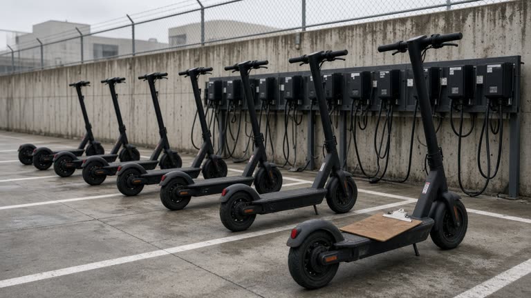 Row of electric scooters charging at a fleet depot with a clipboard on a scooter seat and overcast daylight, concrete yard and painted lane markings, no logos or readable text.