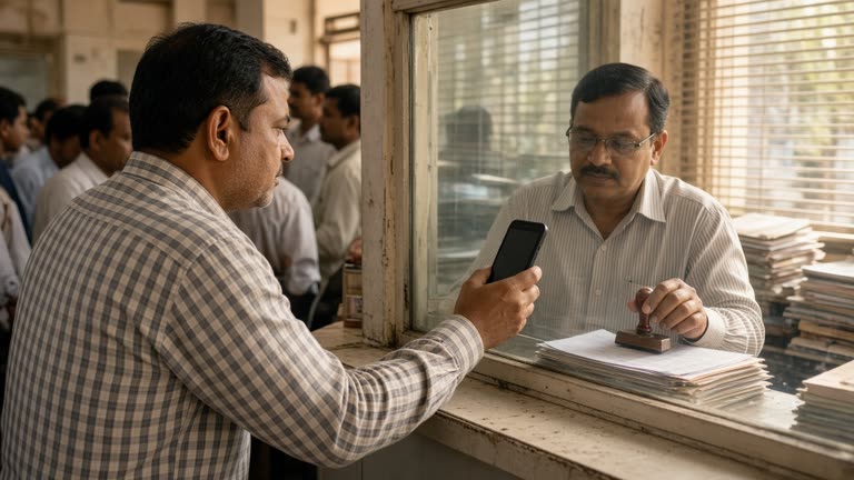 A middle-aged man in a checked shirt holds a smartphone showing an orange-and-white government web page while standing at a crowded district office counter in Gujarat, a clerk at a desktop behind a glass window with papers and a rubber stamp on the desk, warm afternoon light through slatted blinds, documentary photograph, shallow depth of field, no logos or readable text