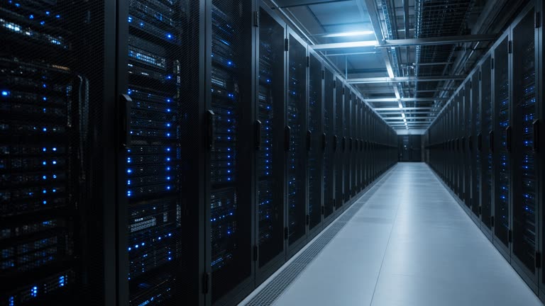 Row of server racks in a data hall with blue status LEDs, cold aisle lighting, documentary tech interior, no logos or readable text