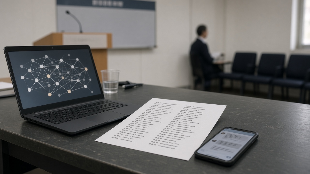 A photoreal scene of a Taipei government briefing room with a laptop displaying an abstract neural network graphic, a printed Chinese-English glossary of technology terms on the desk, and a smartphone showing a generic chat interface, soft morning light, no logos or readable text.