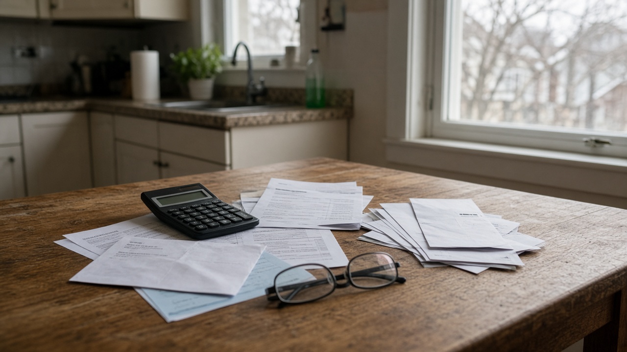 Kitchen table with opened credit card offer letters, calculator and reading glasses, afternoon window light on wood grain, no logos or readable text