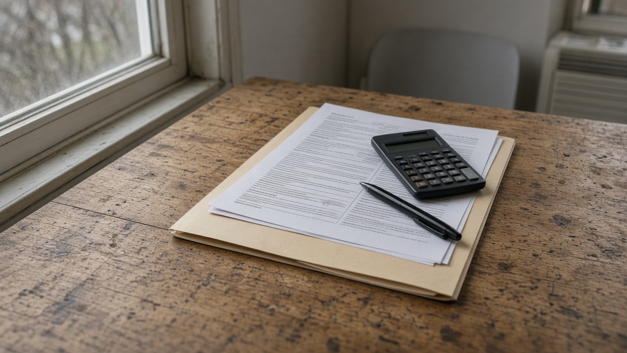Kitchen table with manila folder, calculator and ballpoint pen beside printed loan paperwork, soft window light, no logos or readable text