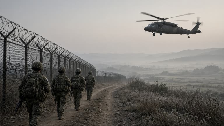 South Korean army helicopter above barbed-wire DMZ fences in morning haze, soldiers in camouflage on a dirt patrol road, documentary wire photo