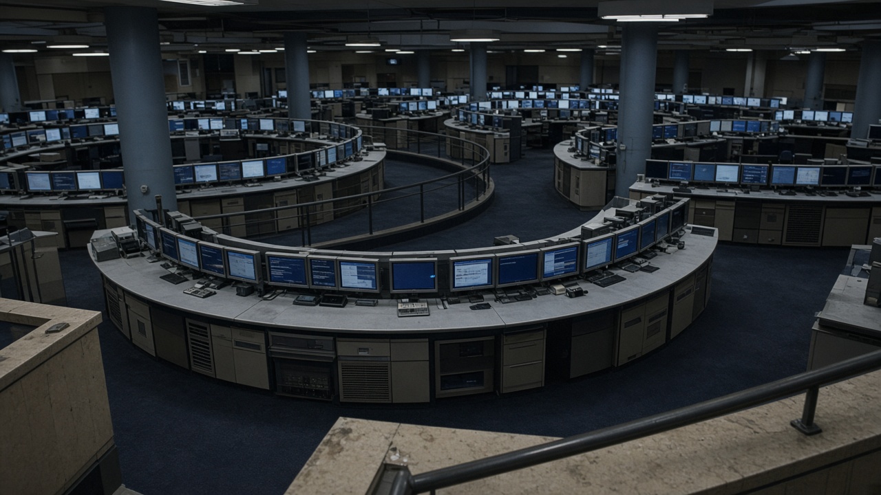 Elevated view of a stock exchange trading floor with curved monitor banks and blue ambient light, no traders visible, slight grain, no readable ticker text or logos