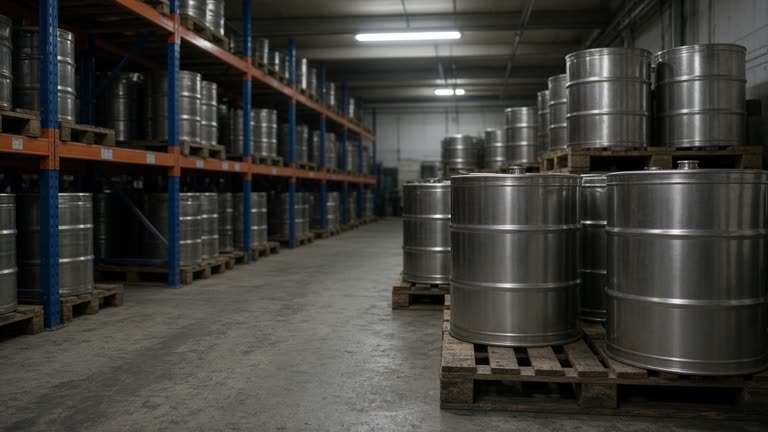 Pharmaceutical warehouse aisle with sealed stainless drums on pallets under cool white lighting, no logos or readable text