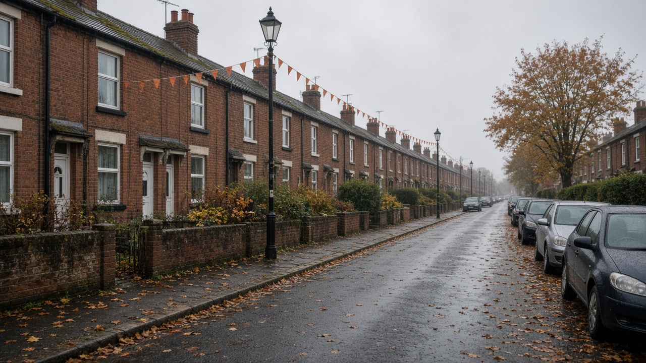 Photoreal wide shot of the Garvaghy Road in Portadown on an overcast autumn morning: terraced houses, low brick walls, parked cars, orange bunting on a lamppost, wet tarmac, an empty residential street with no people, no logos or readable text.