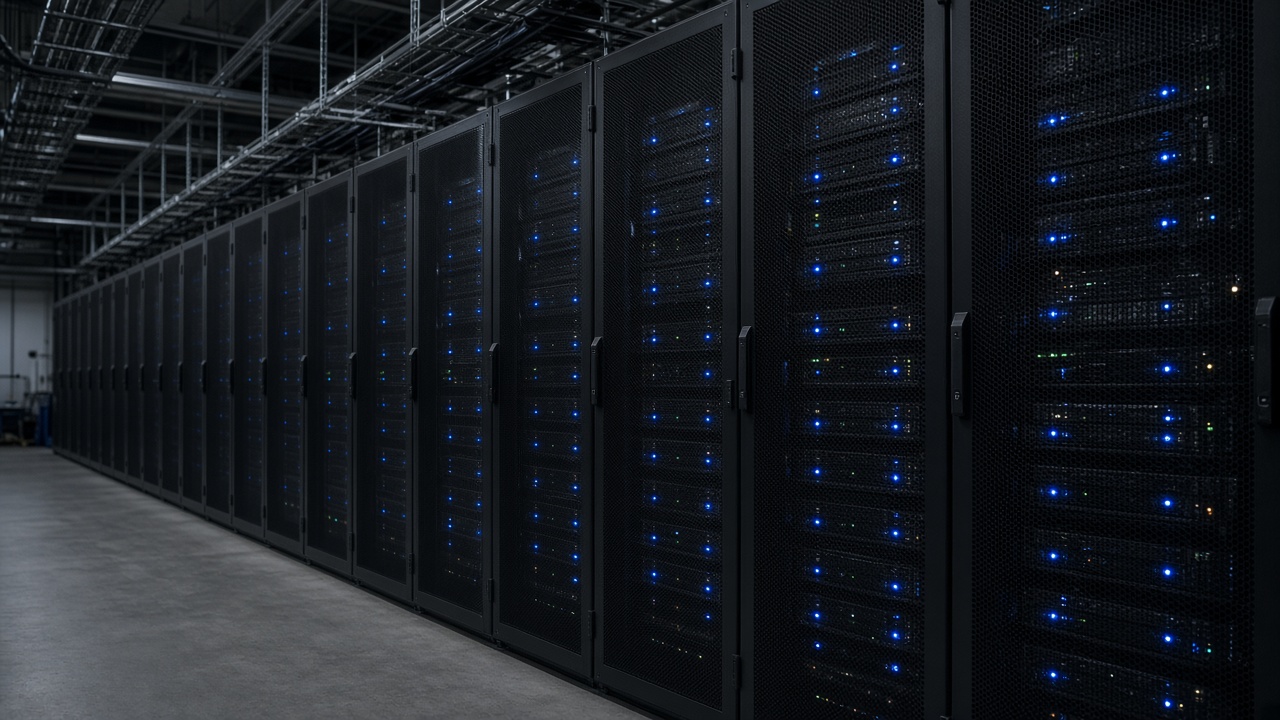 Row of black server racks in a UK data hall with blue status LEDs, cold aisle containment, cable trays overhead, documentary industrial photography, no logos or readable text