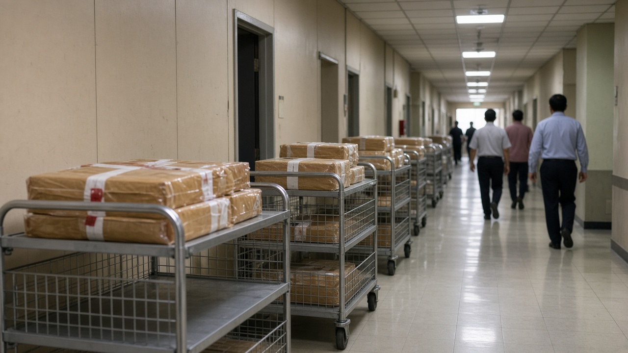 Election Commission of India office corridor with sealed document trolleys and staff silhouettes, institutional beige walls, fluorescent lighting, no logos or readable text