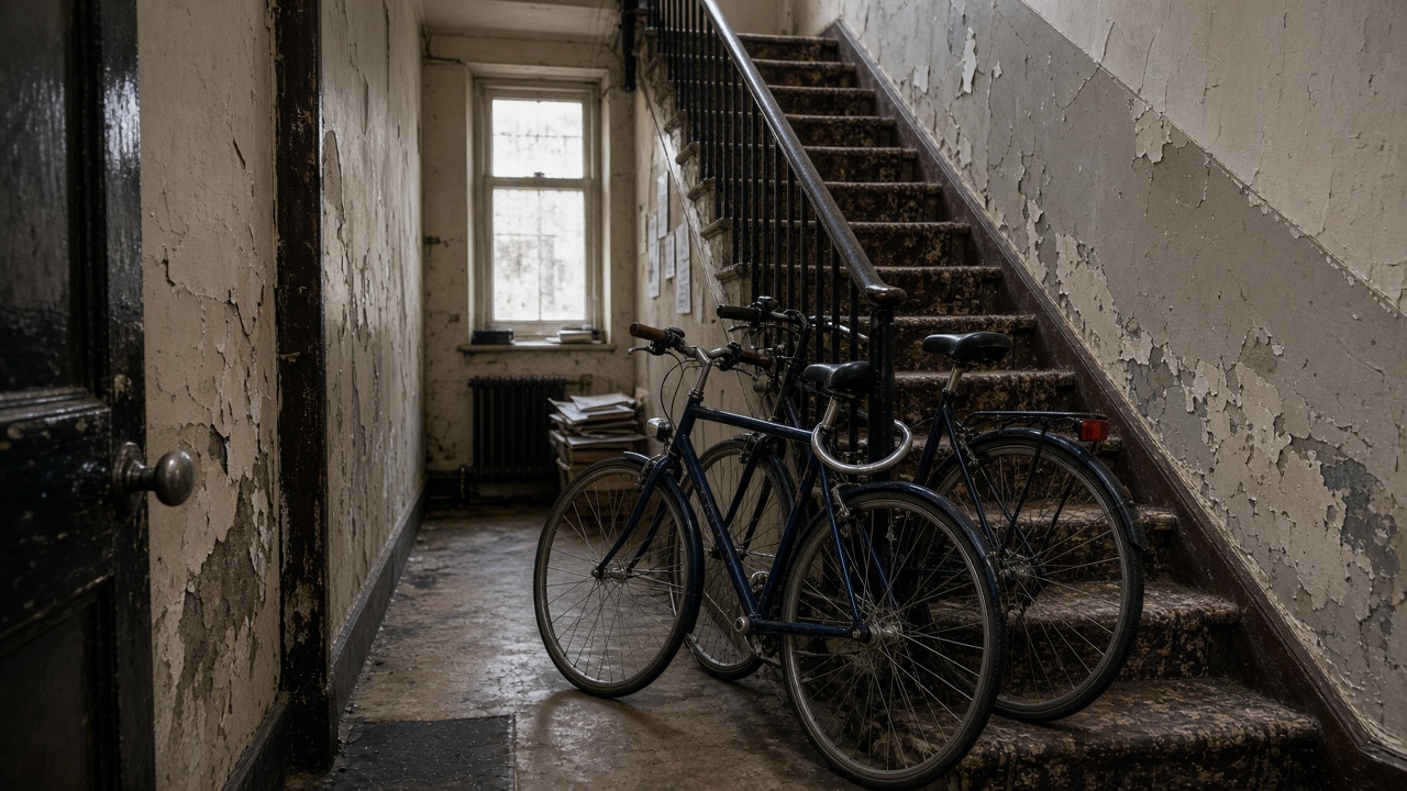 Narrow Edinburgh tenement hallway with bikes locked to a stair rail, chipped paint and worn carpet, soft daylight from a transom window, no logos or readable text on mail or posters.
