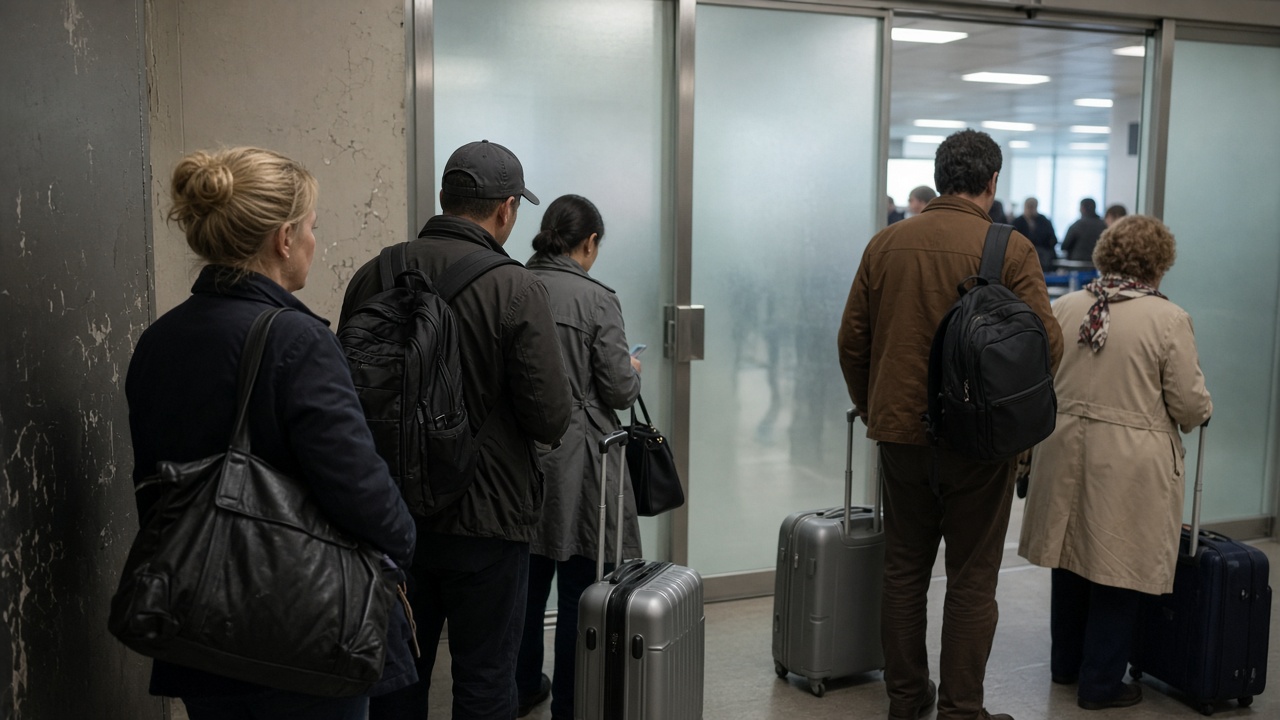 Airport lounge entryway with frosted glass doors and a queue of travelers with carry-ons, cool fluorescent light in the concourse beyond, no logos or readable text