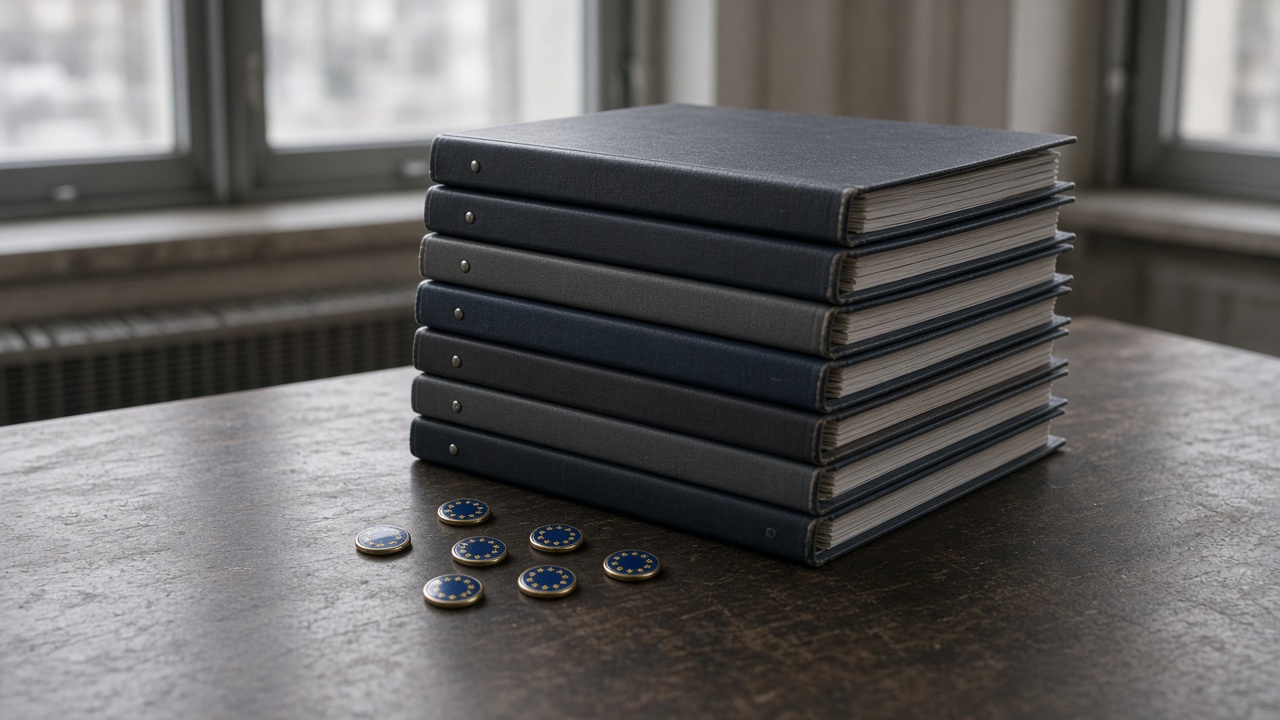Stack of policy binders and EU star-circle lapel pins on a Westminster committee table under grey window light, no faces, no logos or readable text