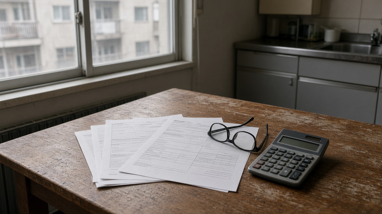 Japanese apartment kitchen table with loan paperwork, a handheld calculator and reading glasses under morning window light, worn wood grain, no logos or readable text
