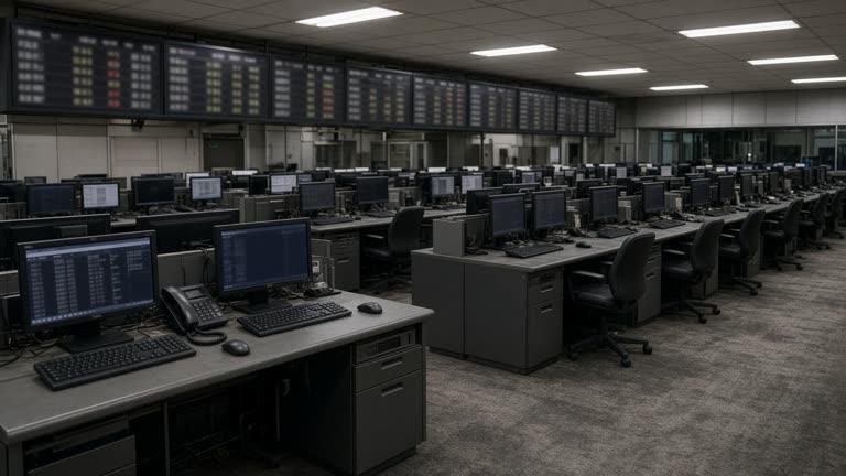 Empty Tokyo Stock Exchange style dealing room with rows of dark broker terminals and overhead price boards showing blurred numbers, fluorescent ceiling light, scuffed carpet, no logos or readable text