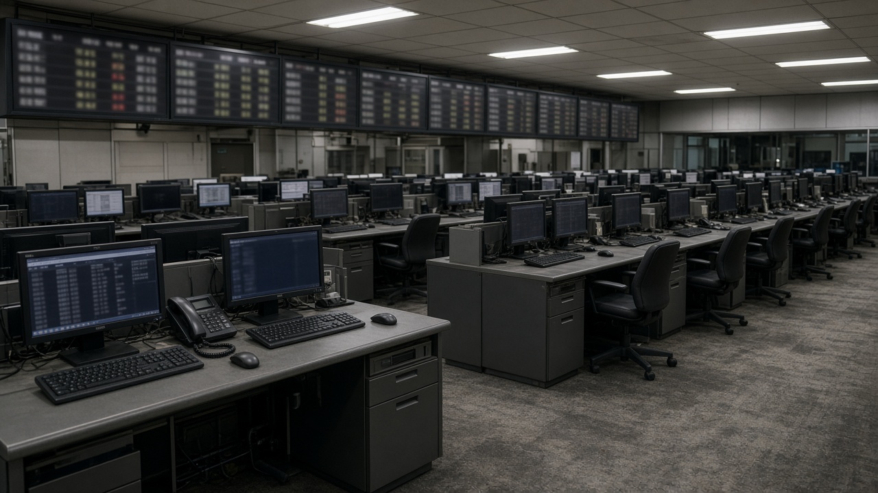 Empty Tokyo Stock Exchange style dealing room with rows of dark broker terminals and overhead price boards showing blurred numbers, fluorescent ceiling light, scuffed carpet, no logos or readable text