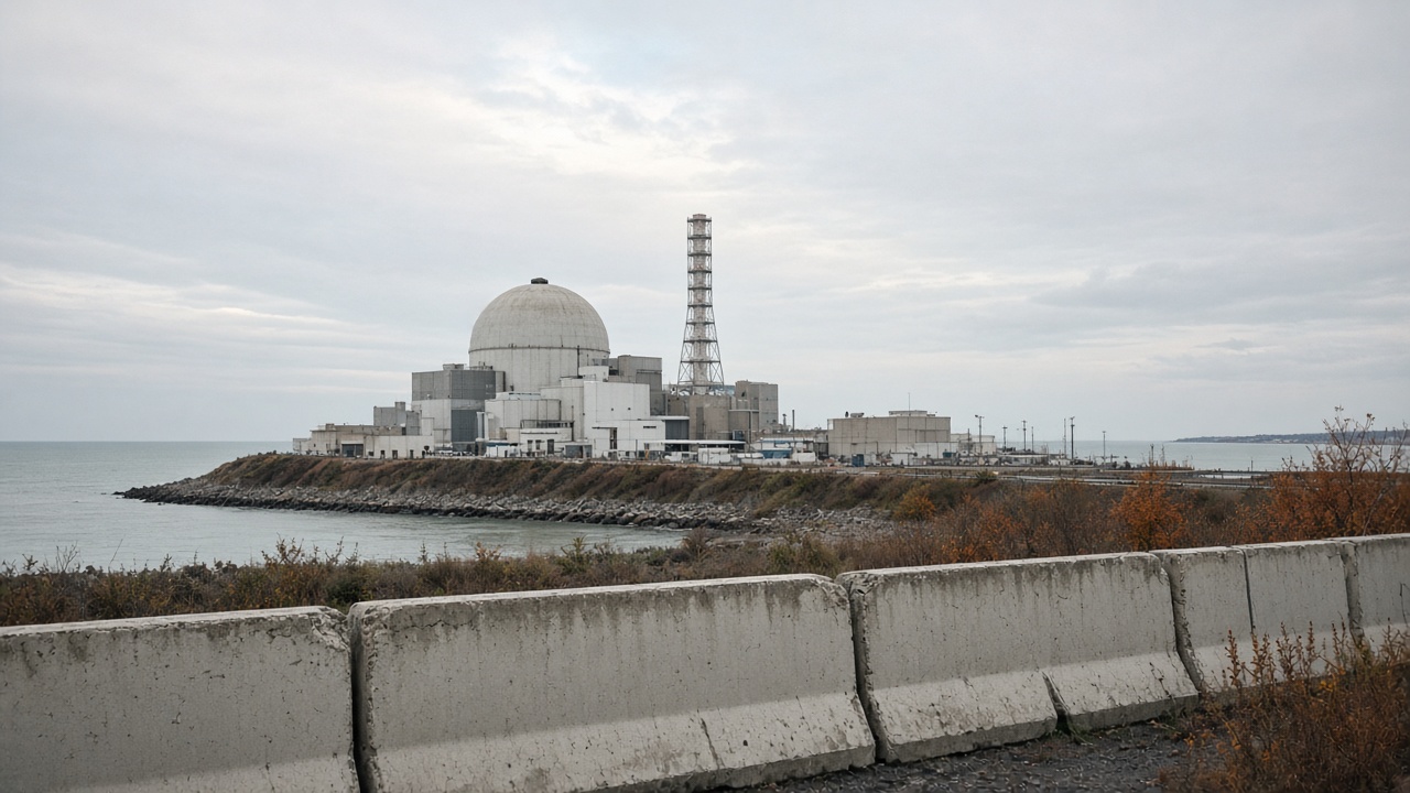 A photoreal exterior view of a coastal nuclear power plant under a pale autumn sky, with empty concrete security barriers in the foreground and no logos or readable text.