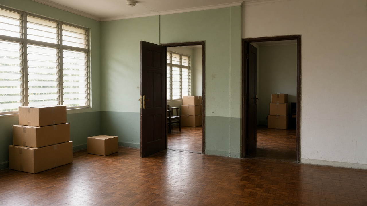 Photoreal interior of a combined HDB jumbo flat in a mature Singapore estate: two original doorways visible in the connecting wall between merged living areas, afternoon light through louvred windows, bare parquet flooring, stacked cardboard boxes, no people, no logos or readable text.