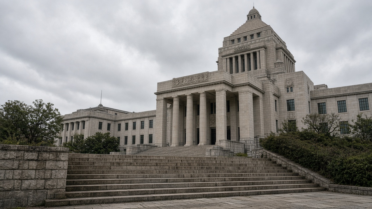 National Diet building exterior with overcast sky, stone steps, no crowds, no logos or readable text.